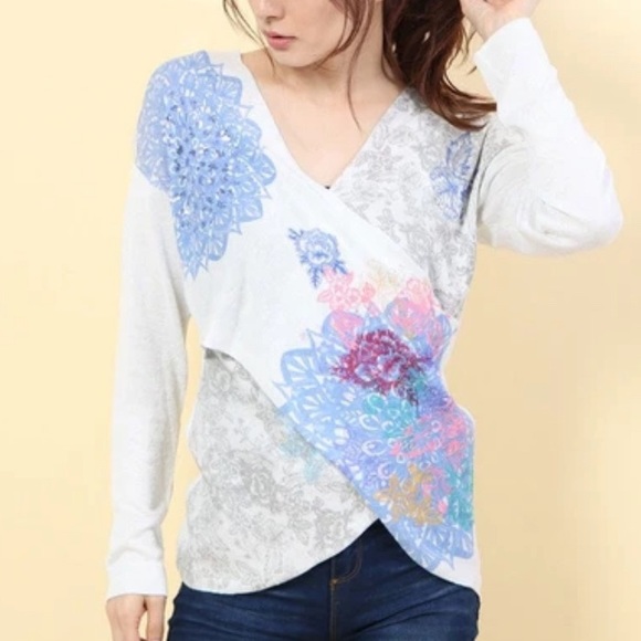 NWT - Desigual Women’s Sheer Mesh V Neck Sequin Metallic Knit Sweater - Size L - Picture 3 of 12